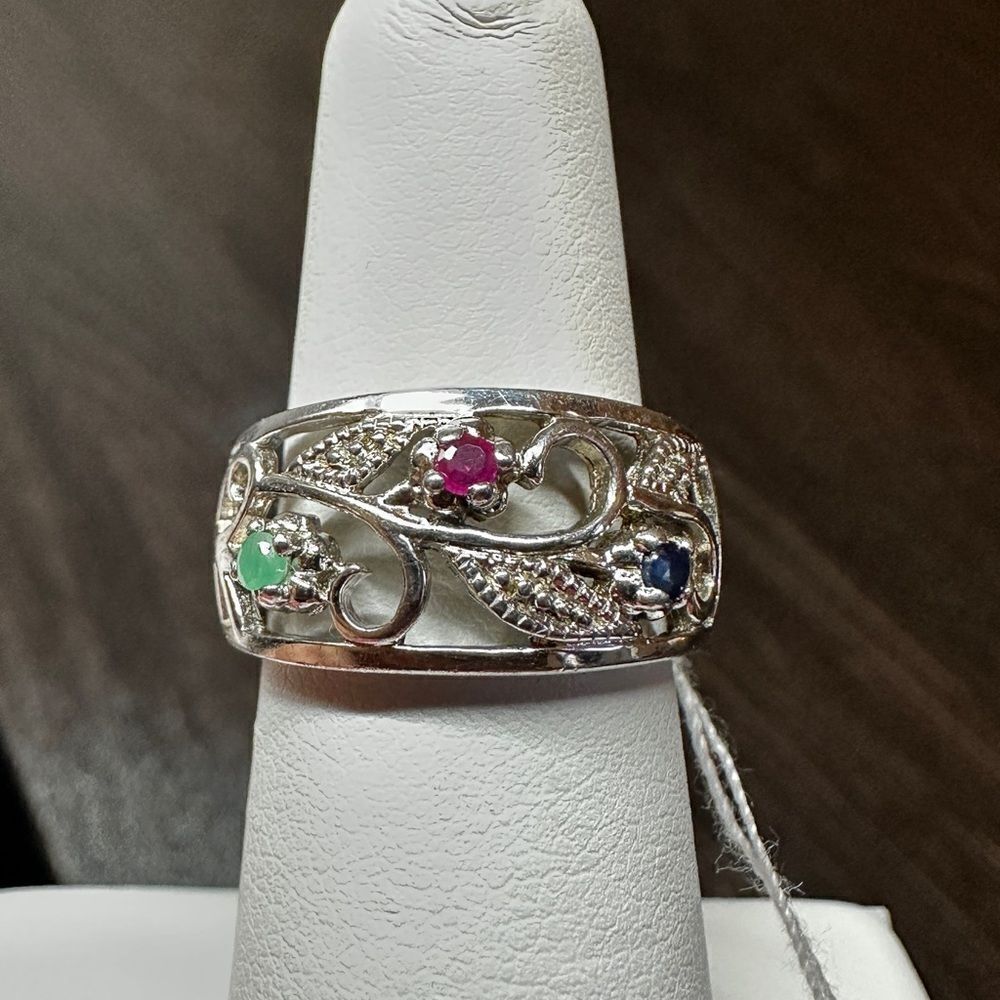 Vintage handmade Ruby/Emerald/Sapphire, Sterling Silver‎ Gothic Ring!